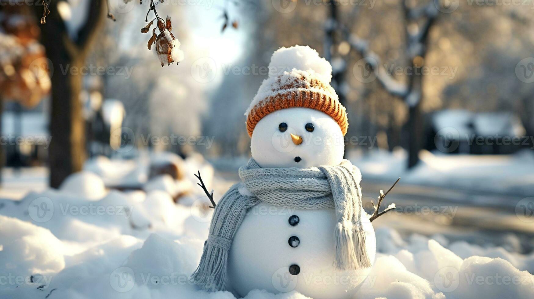 AI Generated Surprised snowman close-up on the background of houses and snowy street in gray scarf and red hat photo