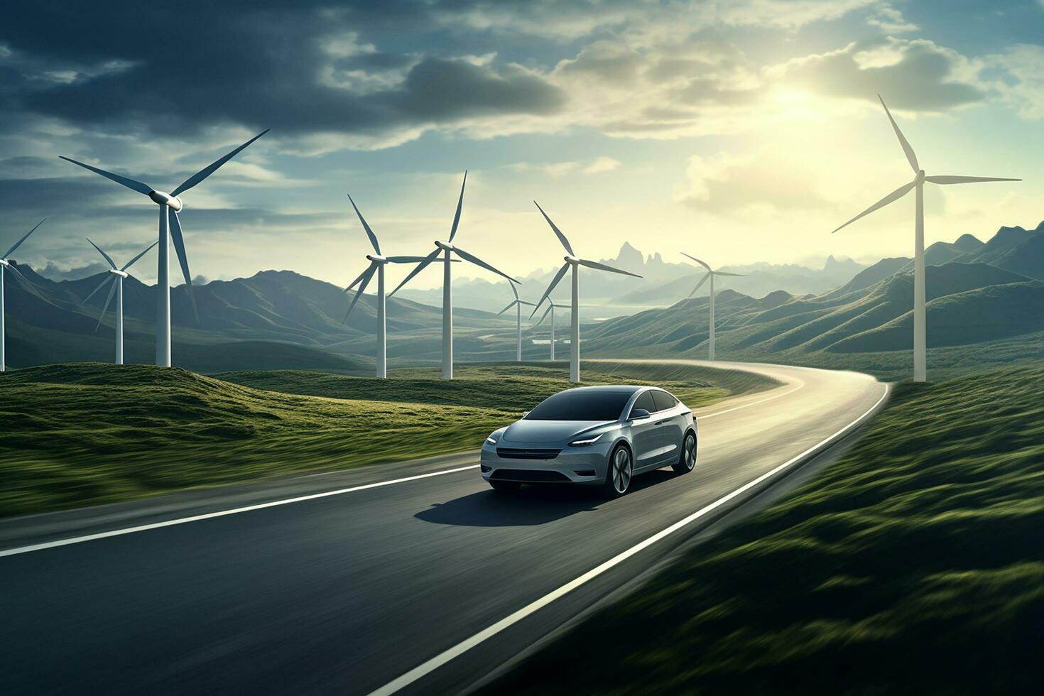 AI generated Electric car drive on the wind turbines background. Car drives along a mountain road. Electric car driving along windmills farm. Alternative energy for cars. Car and wind turbines farm photo