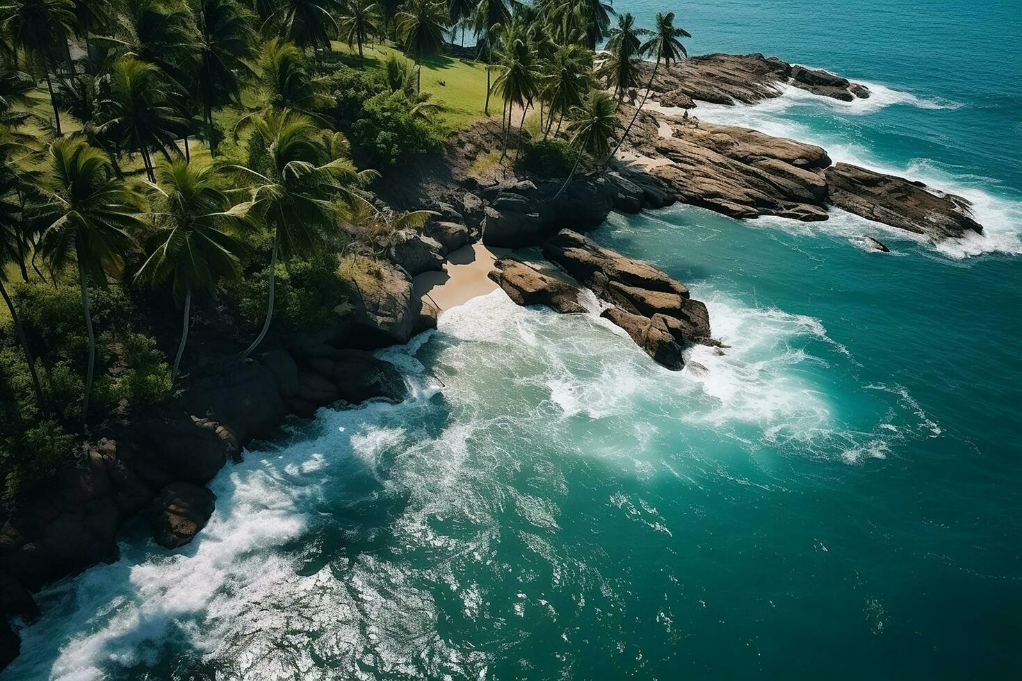 ai generado aéreo ver de camino, rocoso mar costa con olas y piedras a puesta de sol paisaje con hermosa camino, transparente azul agua, rocas parte superior ver desde zumbido de autopista en verano foto