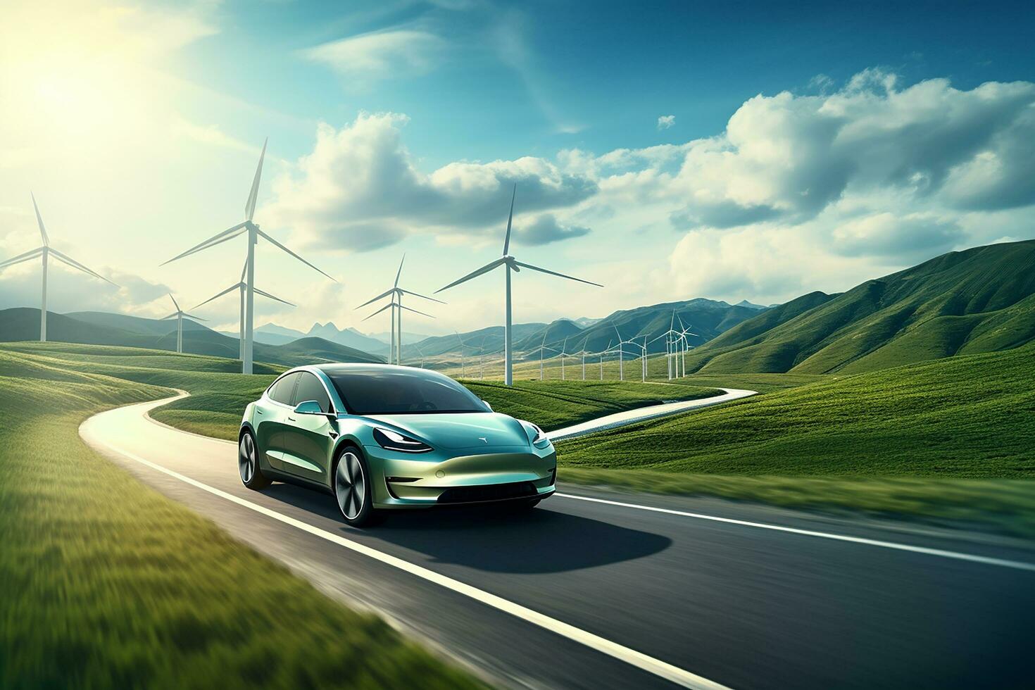 AI generated Electric car drive on the wind turbines background. Car drives along a mountain road. Electric car driving along windmills farm. Alternative energy for cars. Car and wind turbines farm photo