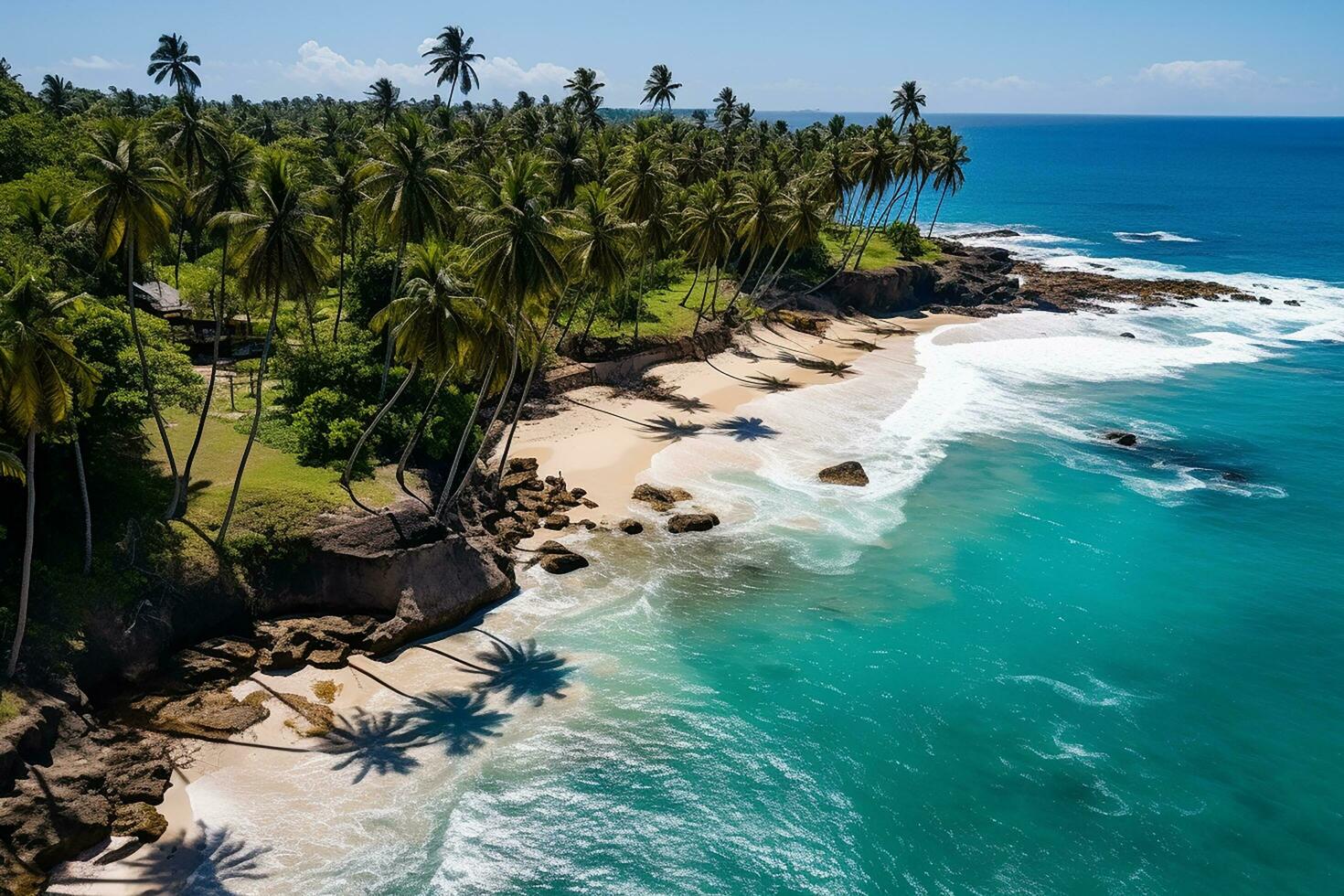 AI generated Aerial view of road, rocky sea coast with waves and stones at sunset Landscape with beautiful road, transparent blue water, rocks. Top view from drone of highway in summer photo