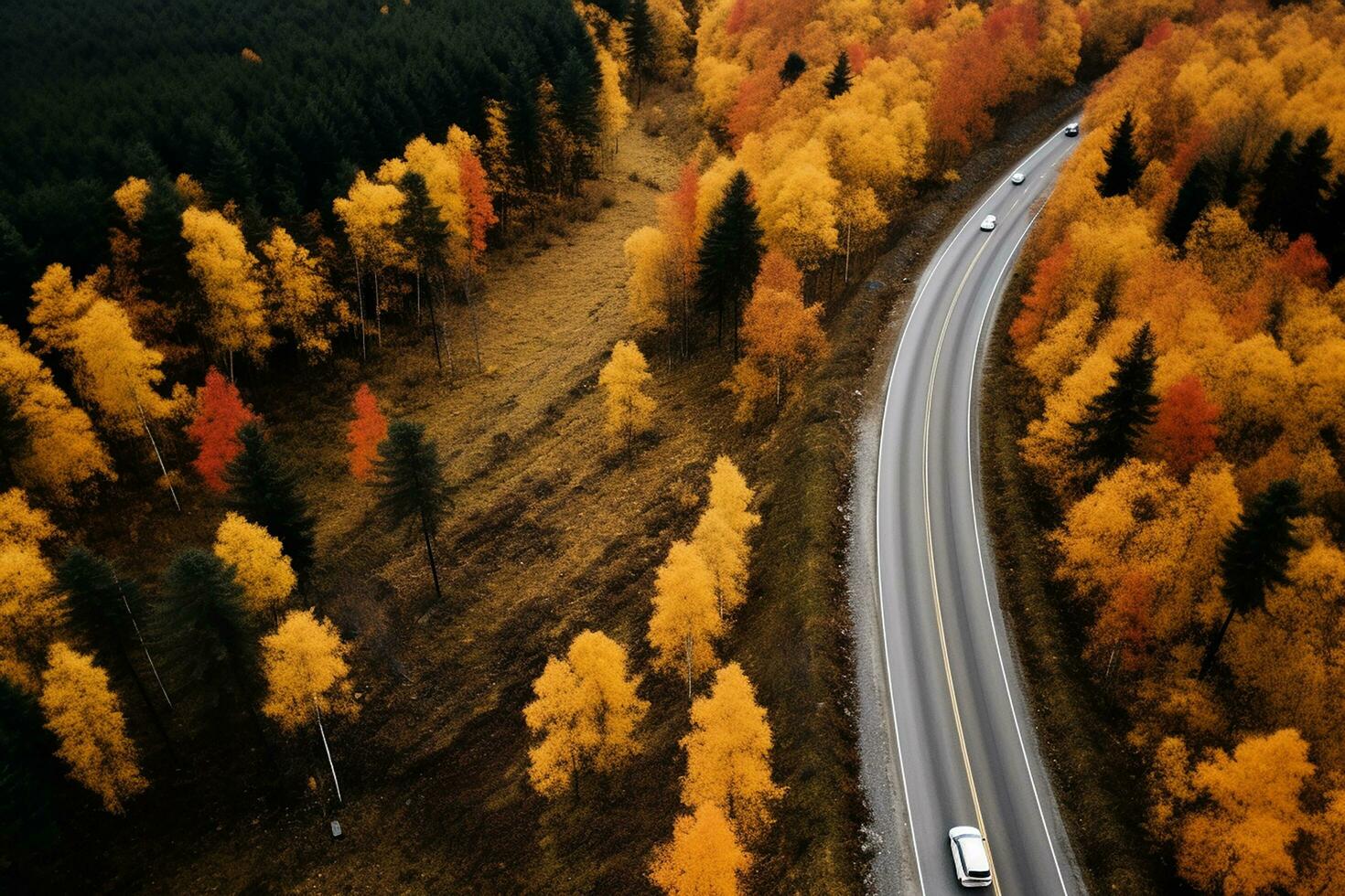 AI generated Arial view of heavy truck on a narrow twisting road. Autumn colorful trees by the sides of the road. photo