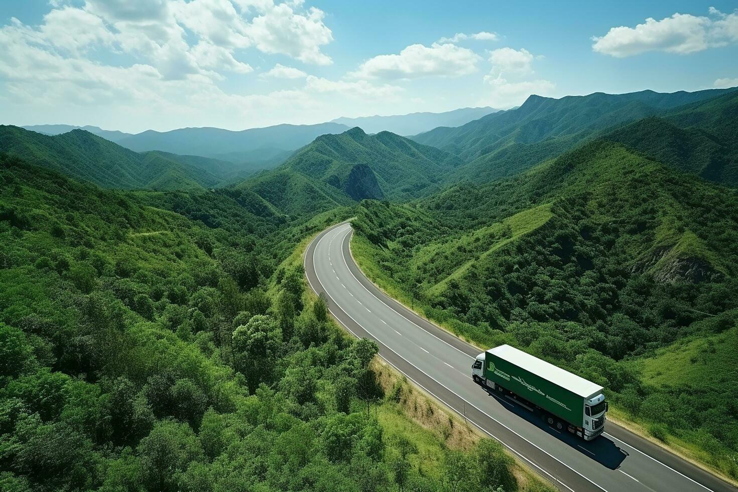 AI generated cargo truck on the higthway. cargo delivery driving on asphalt road through the mountains. seen from the air. Aerial view landscape. drone photography. photo