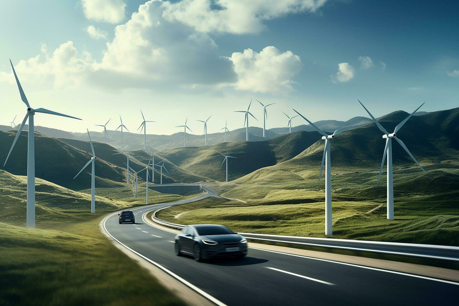 AI generated Electric car drive on the wind turbines background. Car drives along a mountain road. Electric car driving along windmills farm. Alternative energy for cars. Car and wind turbines farm photo