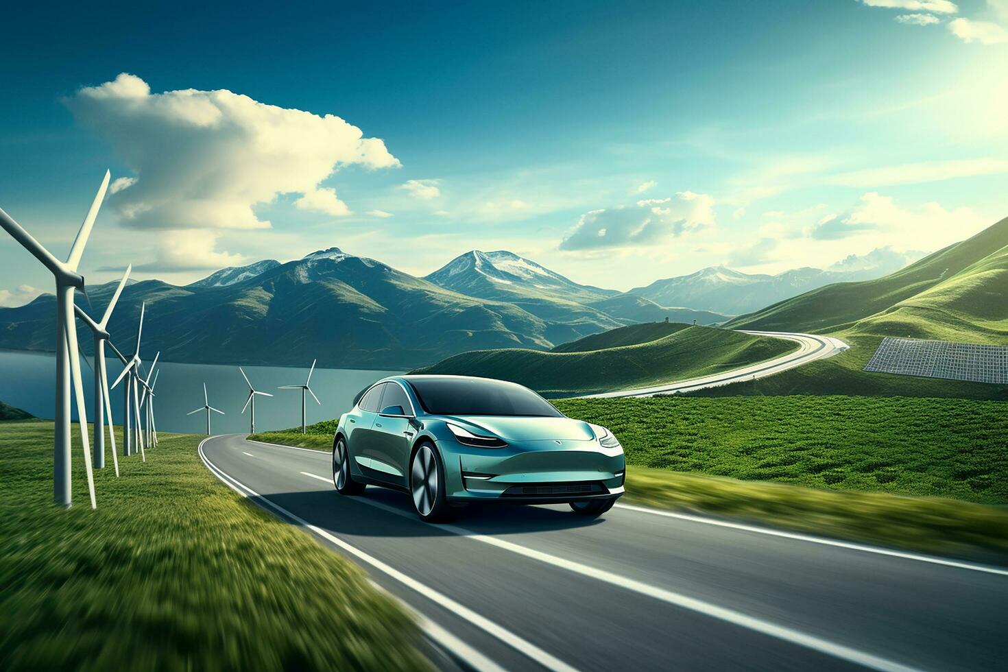 AI generated Electric car drive on the wind turbines background. Car drives along a mountain road. Electric car driving along windmills farm. Alternative energy for cars. Car and wind turbines farm photo