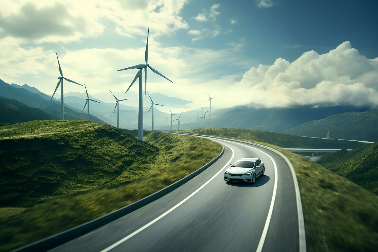 AI generated Electric car drive on the wind turbines background. Car drives along a mountain road. Electric car driving along windmills farm. Alternative energy for cars. Car and wind turbines farm photo