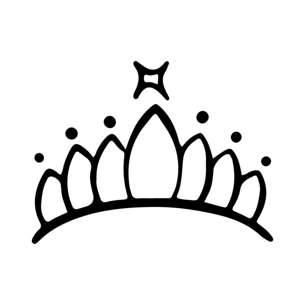 corona icono en mano dibujado garabatear estilo aislado en blanco antecedentes. Rey corona bocetos, majestuoso tiara, Rey y reina real diademas vector. línea Arte Príncipe y princesa lujoso cabeza accesorios. vector