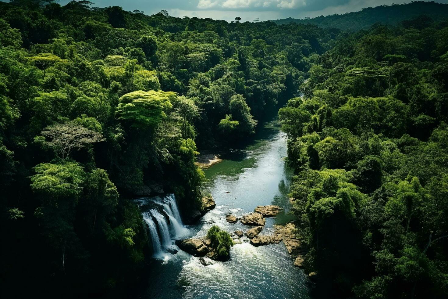 AI generated drone aerial birds eye view of a large green grass forest with tall trees and a big blue bendy river flowing through the forest photo