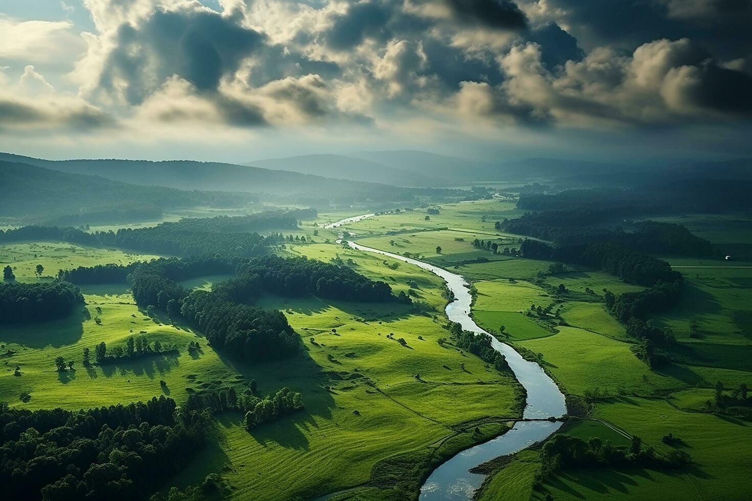 AI generated drone aerial birds eye view of a large green grass forest with tall trees and a big blue bendy river flowing through the forest photo