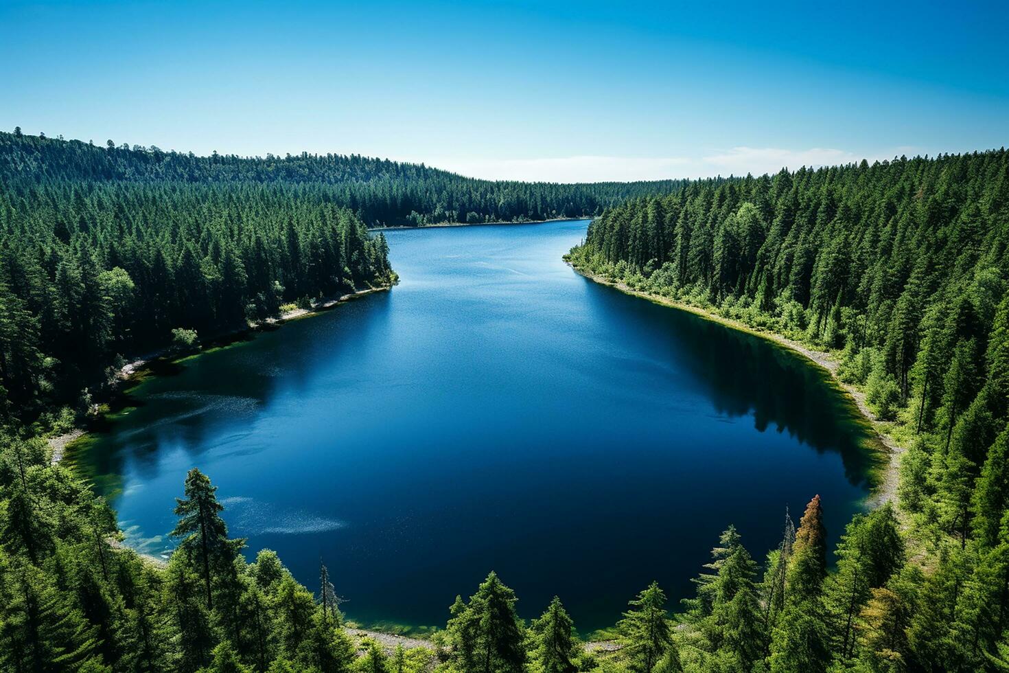 AI generated An almost perfect circular lake shot straight down from the air resembles the earth surrounded by a pine forest photo