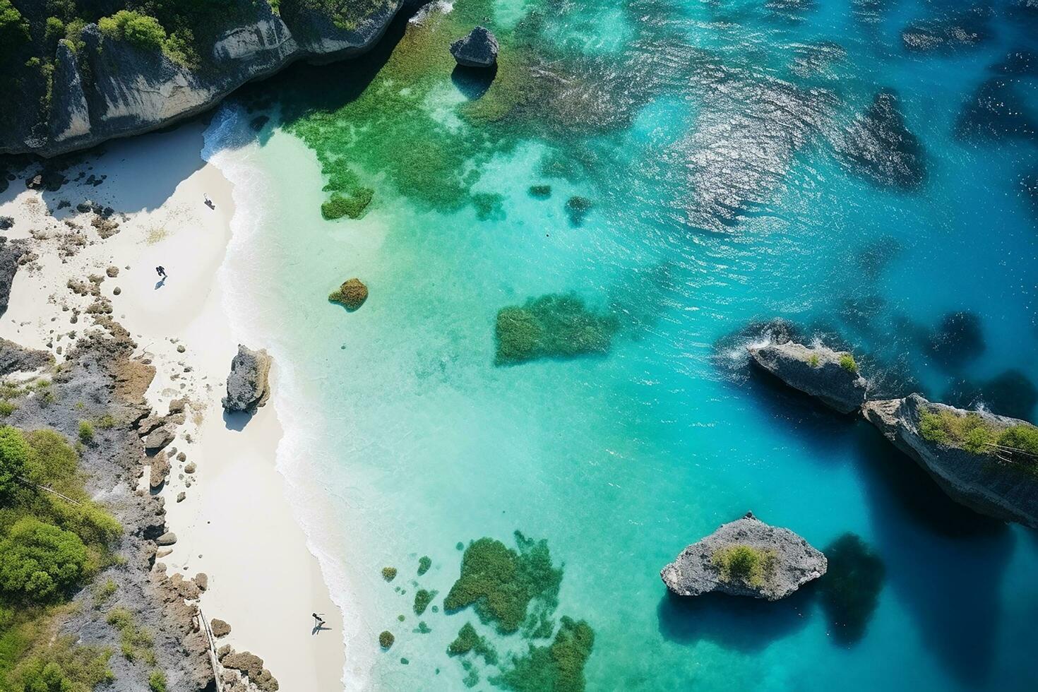 ai generado aéreo ver de camino, rocoso mar costa con olas y piedras a puesta de sol paisaje con hermosa camino, transparente azul agua, rocas parte superior ver desde zumbido de autopista en verano foto