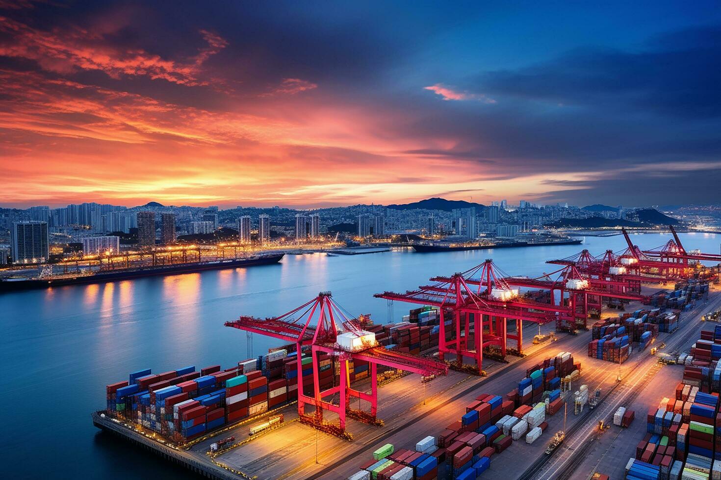 AI generated Aerial top view of Container ship loading and unloading, Cargo container in deep seaport for the international order concept. photo