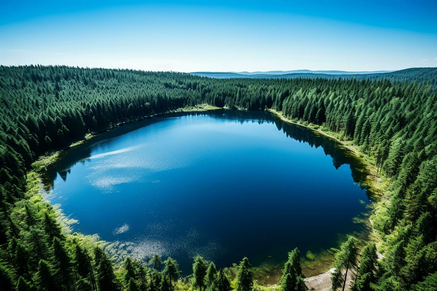 ai generado un casi Perfecto circular lago Disparo Derecho abajo desde el aire se parece el tierra rodeado por un pino bosque foto