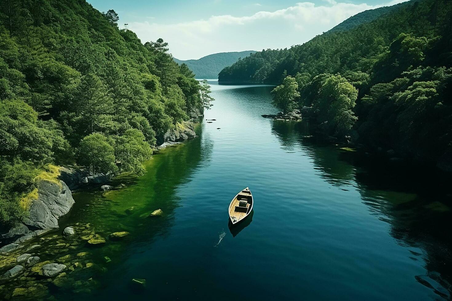 AI generated aerial view of mountain river people rafting in creek. extreme vitality photo