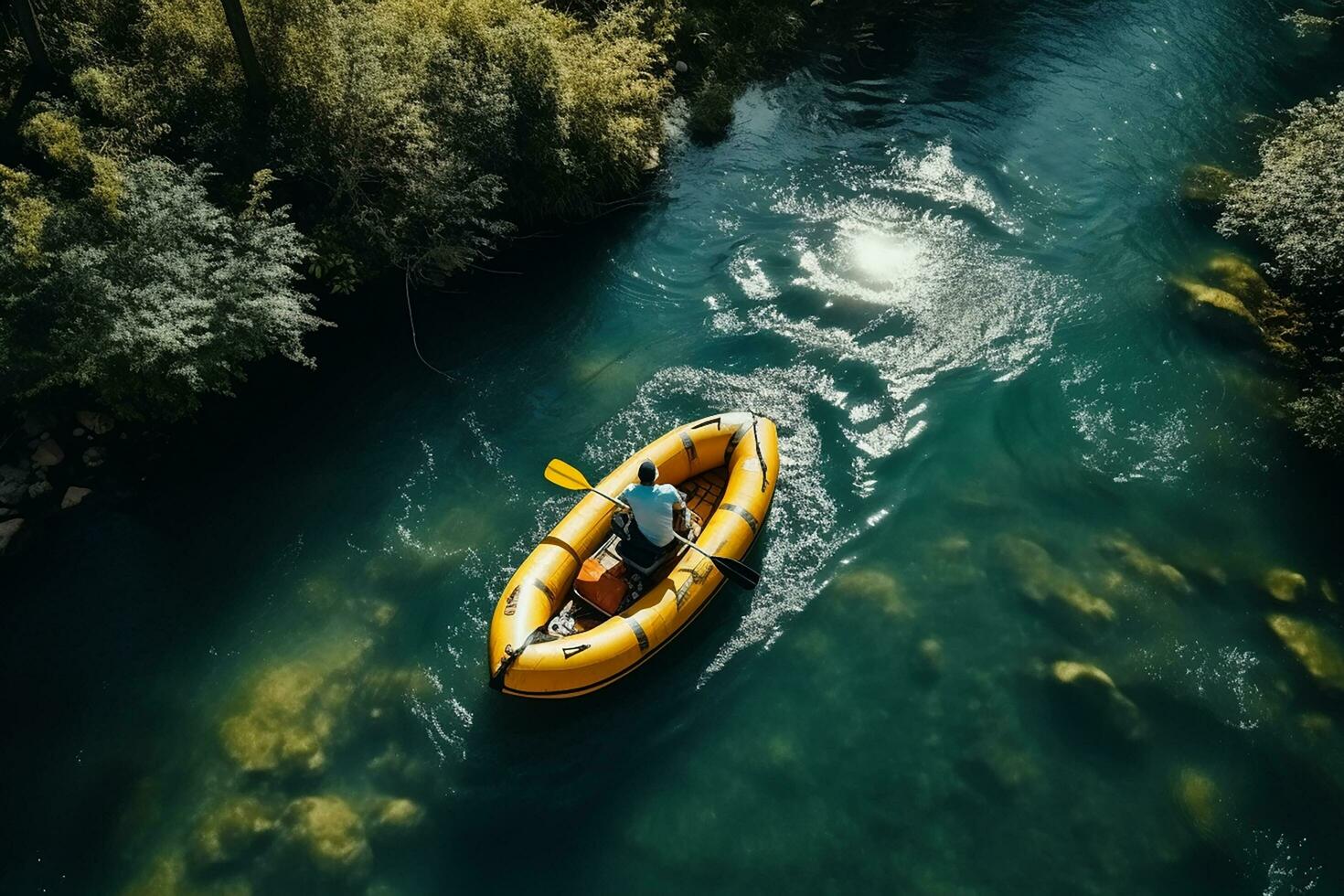 ai generado aéreo ver de montaña río personas canotaje en arroyo. extremo vitalidad foto