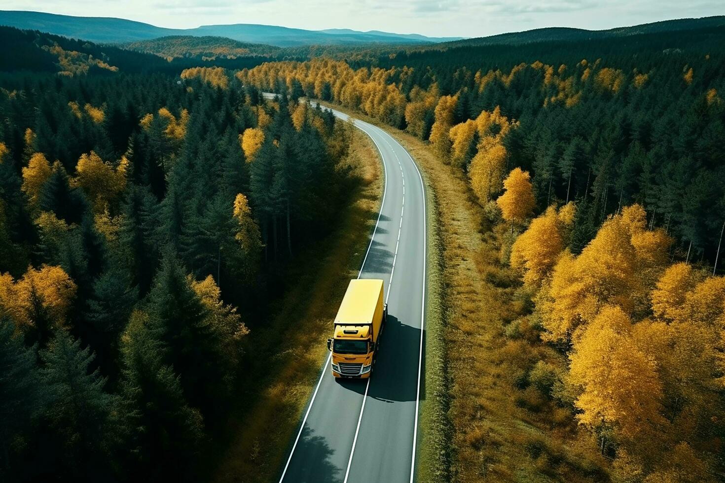 AI generated Arial view of heavy truck on a narrow twisting road. Autumn colorful trees by the sides of the road. photo