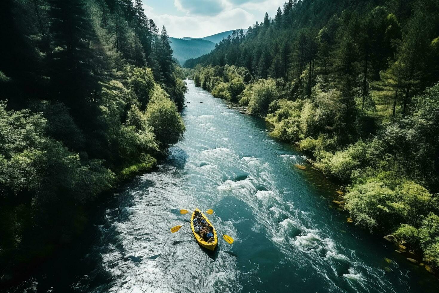 AI generated aerial view of mountain river people rafting in creek. extreme vitality photo