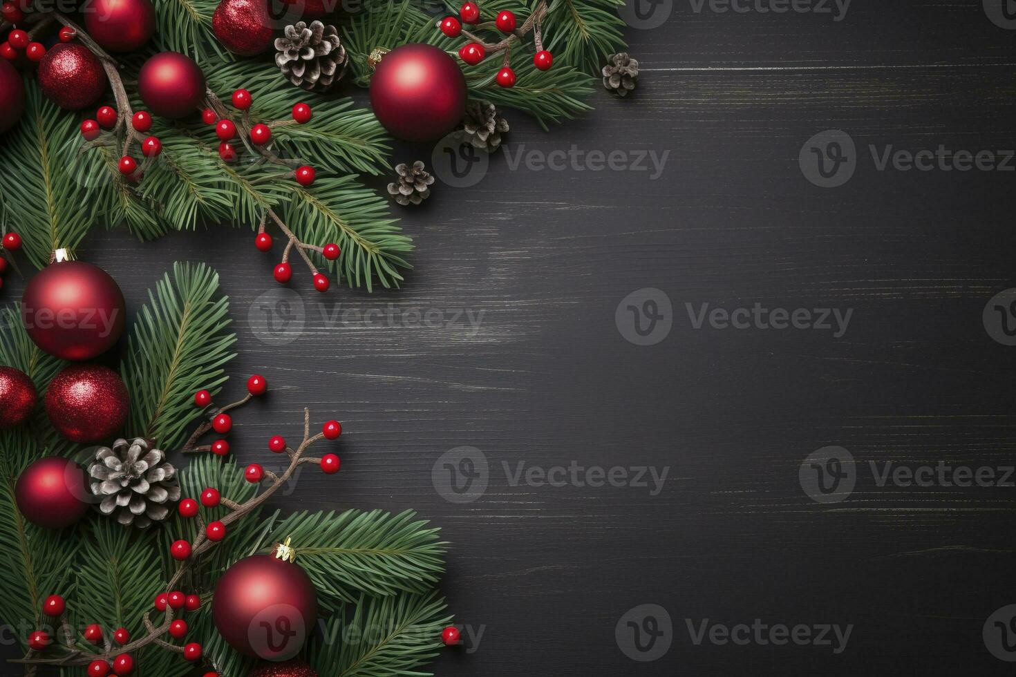 AI generated Fir tree branches with red christmas balls frame photo