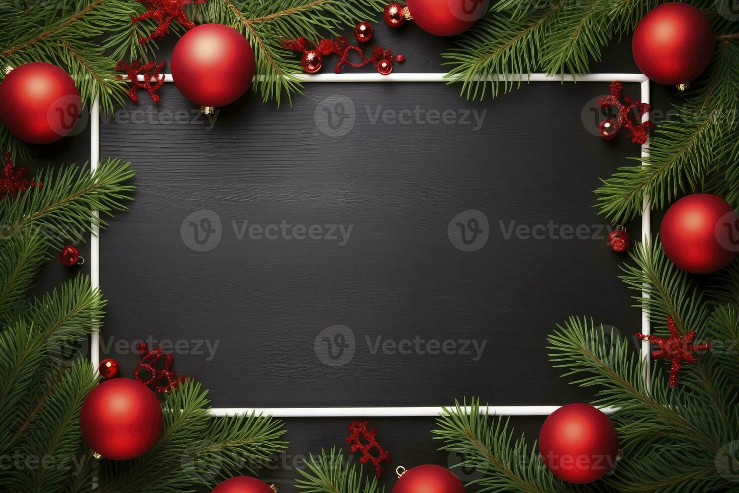 AI generated Fir tree branches with red christmas balls frame photo