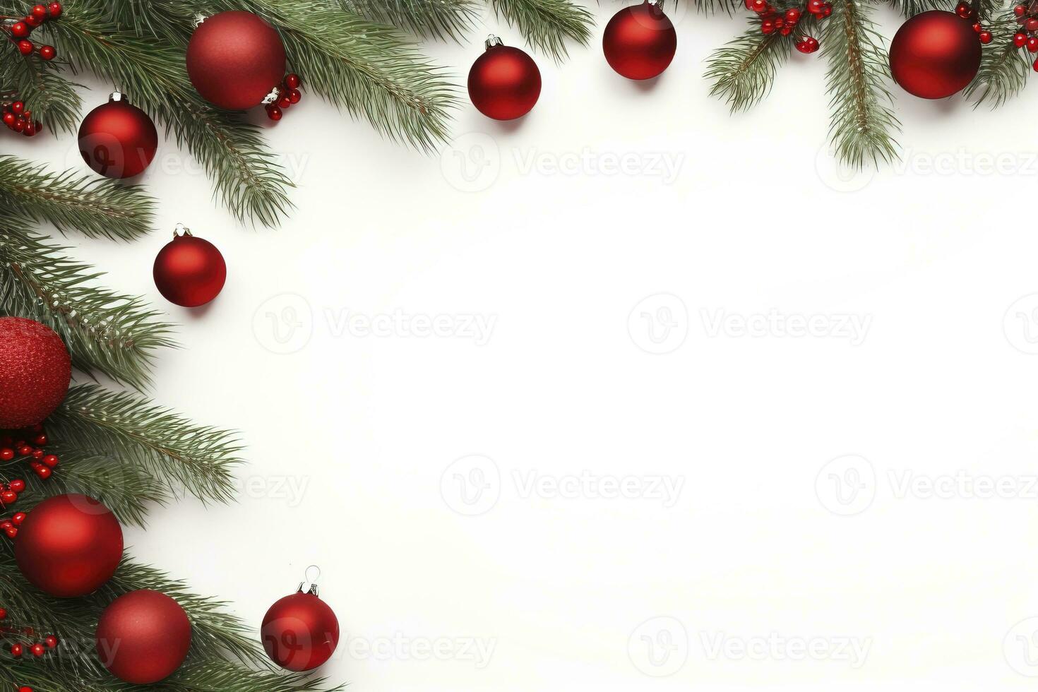 AI generated Fir tree branches with red christmas balls frame photo