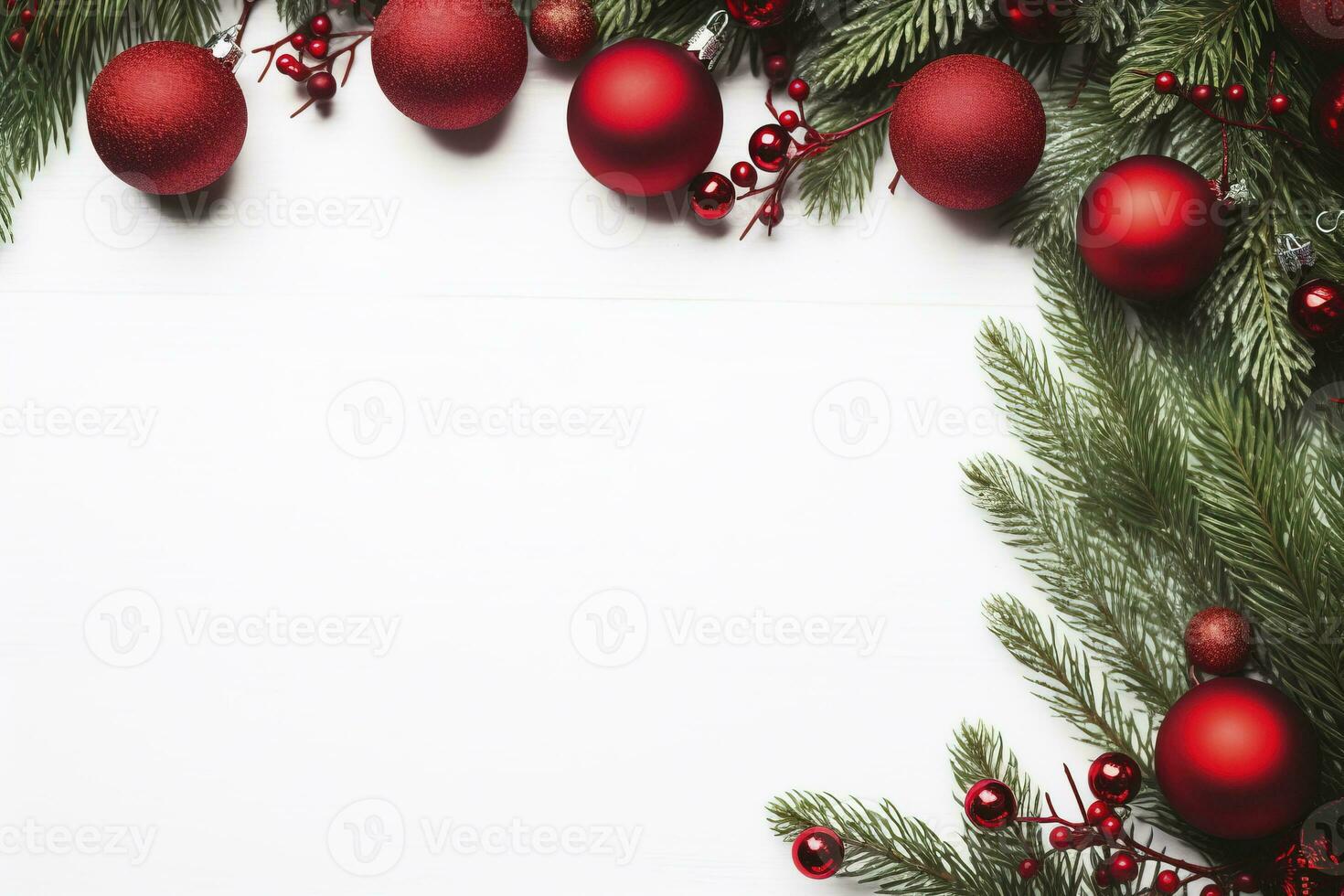 AI generated Fir tree branches with red christmas balls frame photo