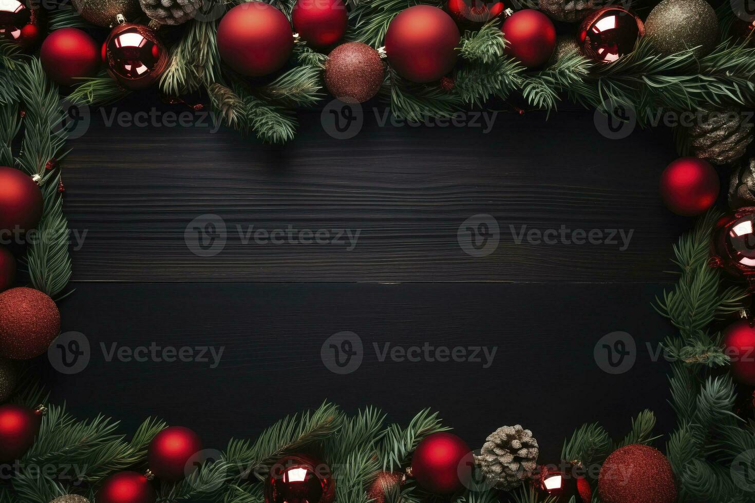 AI generated Fir tree branches with red christmas balls frame photo