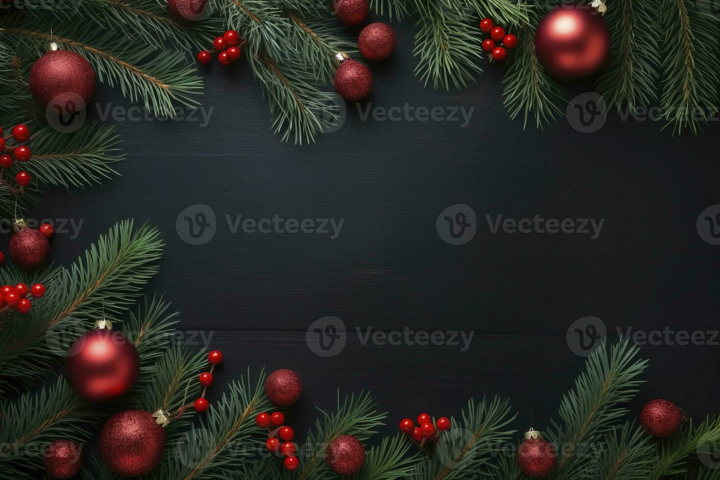 AI generated Fir tree branches with red christmas balls frame photo