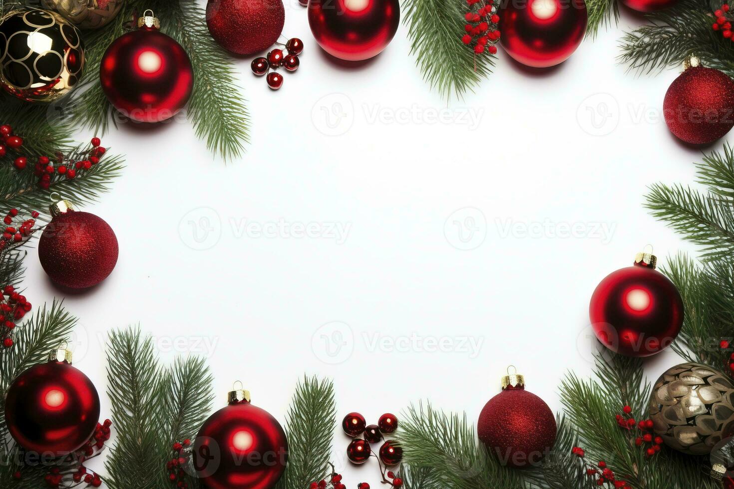 AI generated Fir tree branches with red christmas balls frame photo