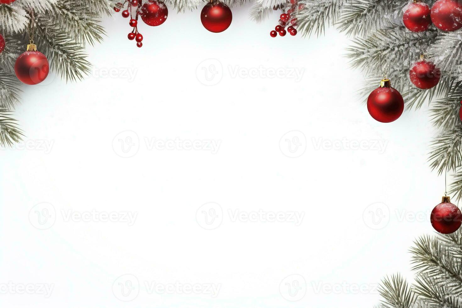 AI generated Fir tree branches with red christmas balls frame photo