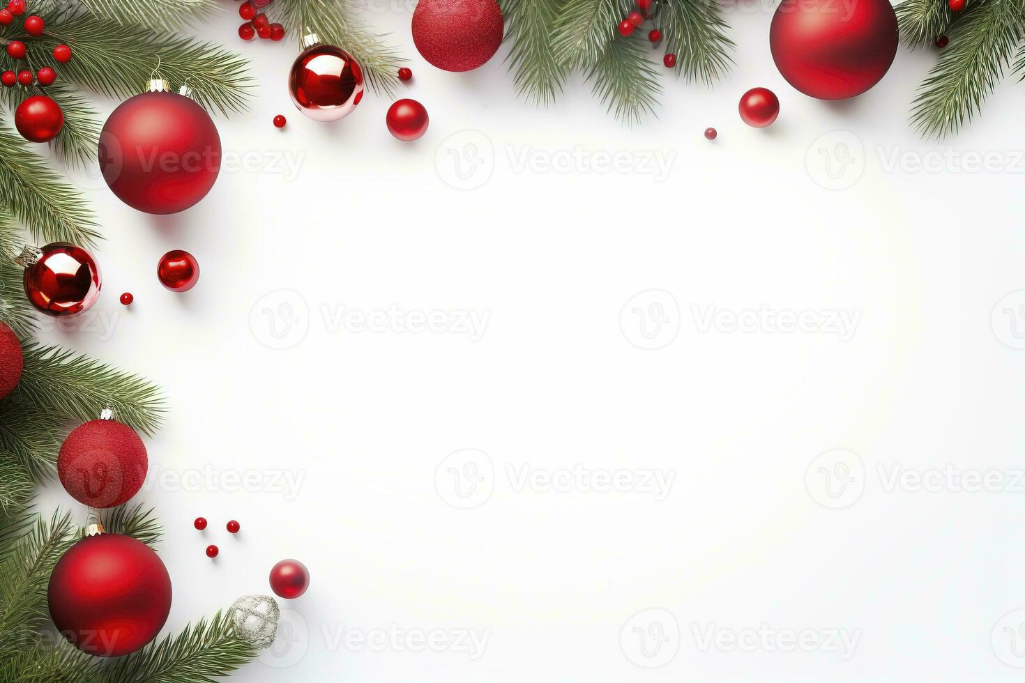 AI generated Fir tree branches with red christmas balls frame photo