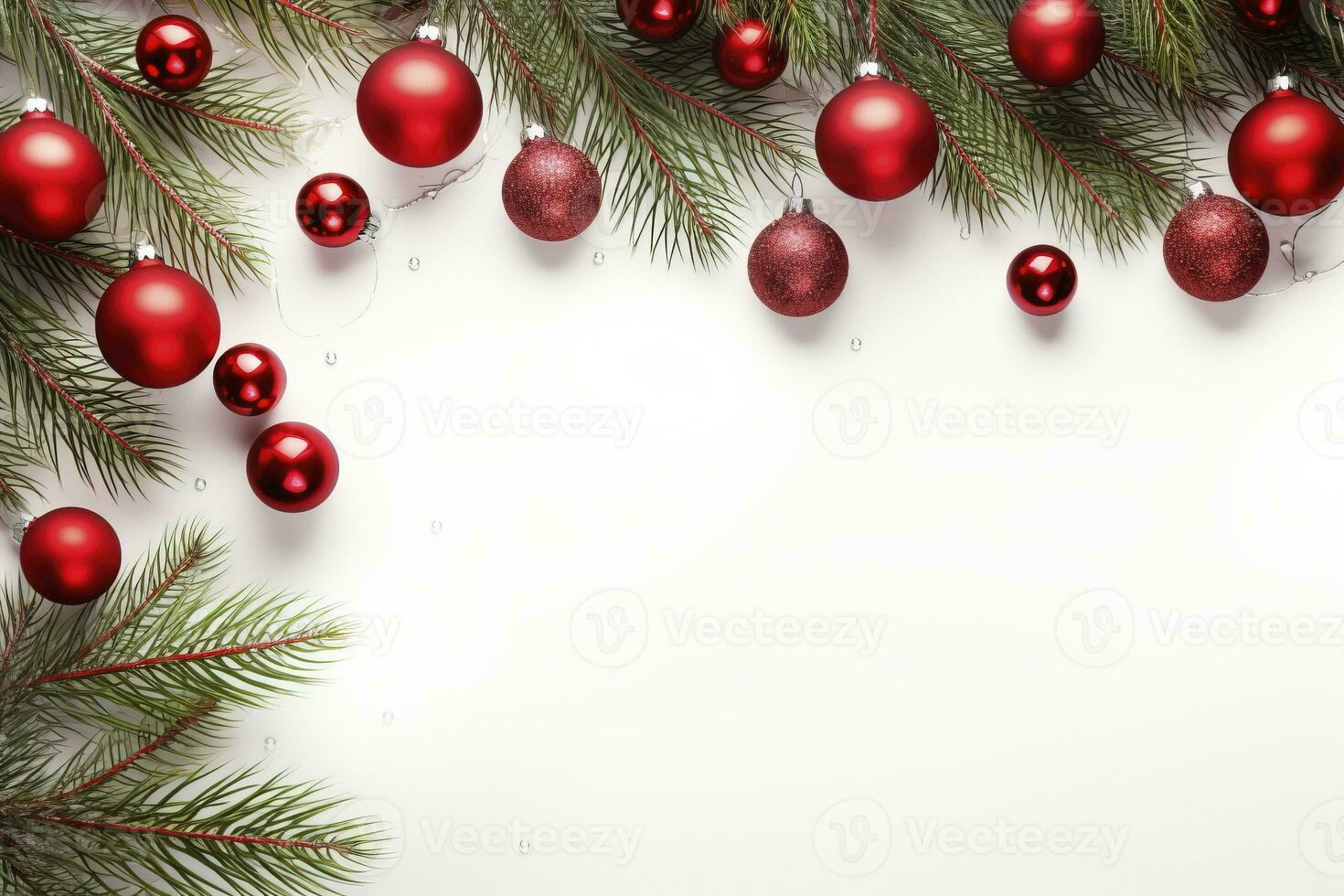 AI generated Fir tree branches with red christmas balls frame photo