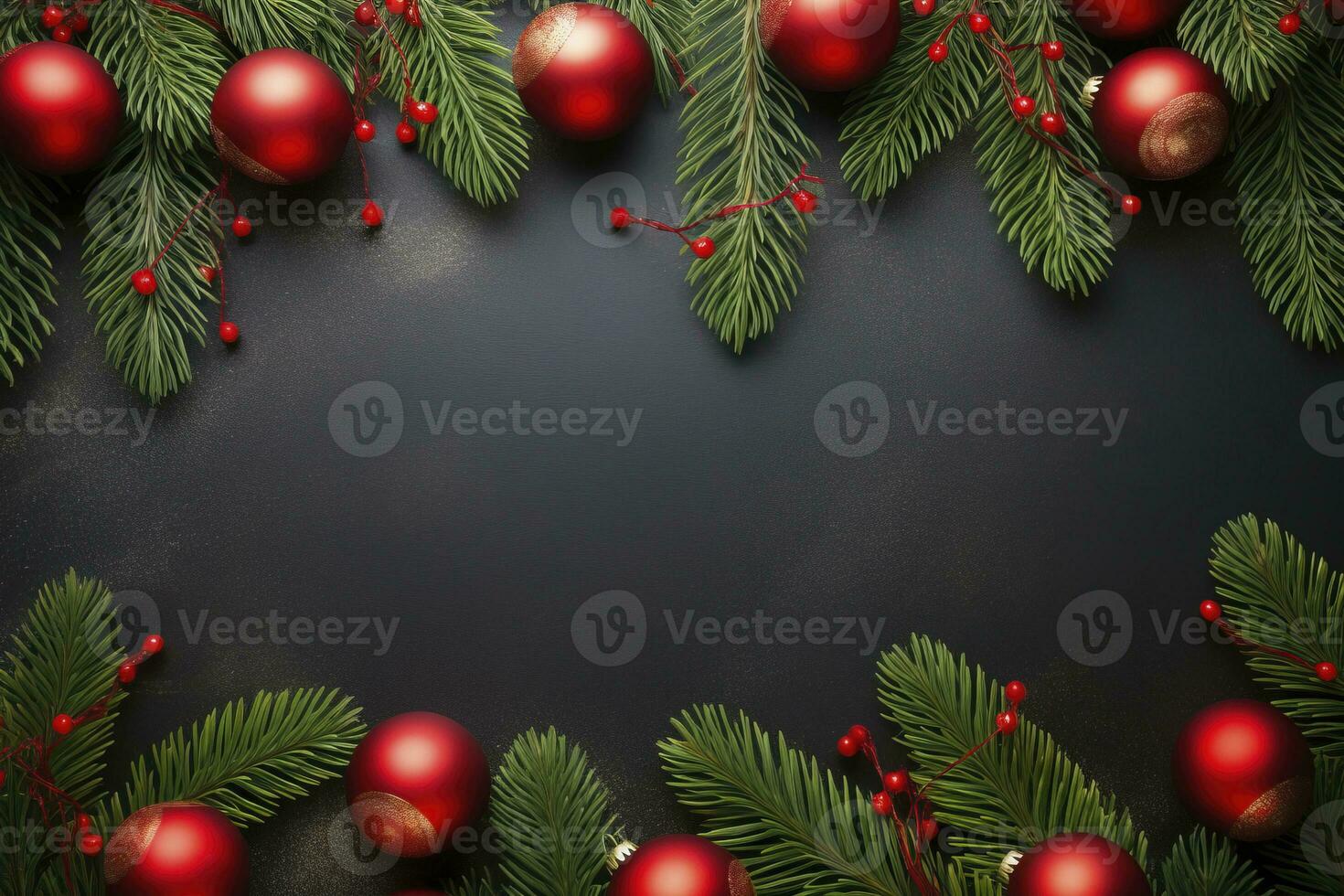 AI generated Fir tree branches with red christmas balls frame photo