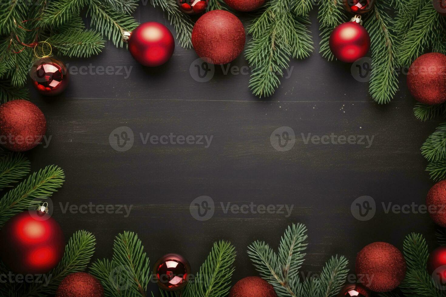AI generated Fir tree branches with red christmas balls frame photo