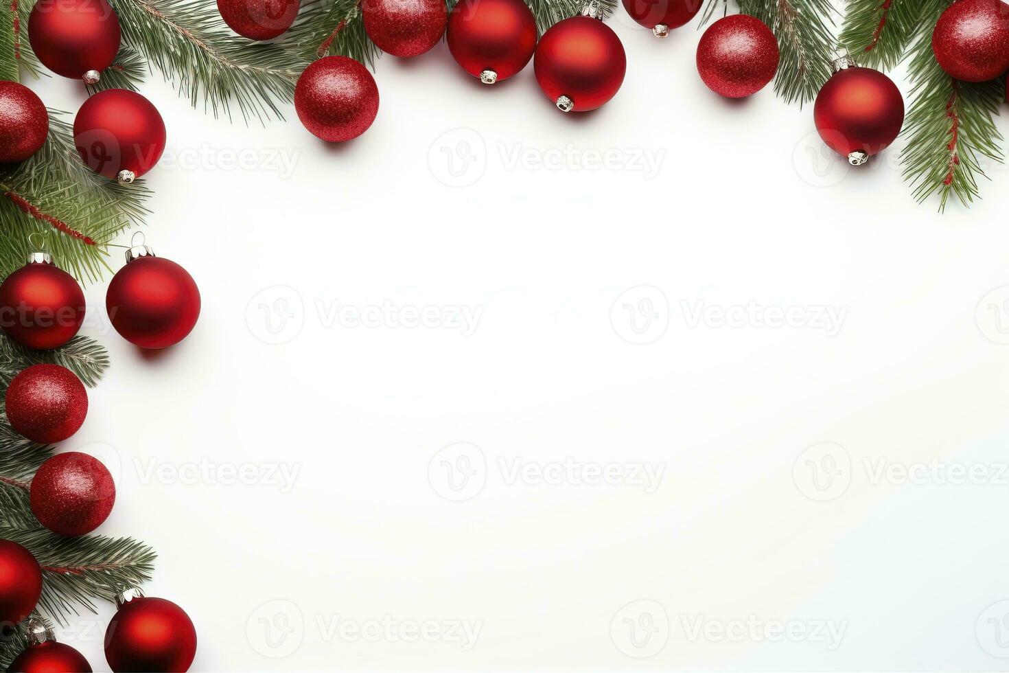 AI generated Fir tree branches with red christmas balls frame photo