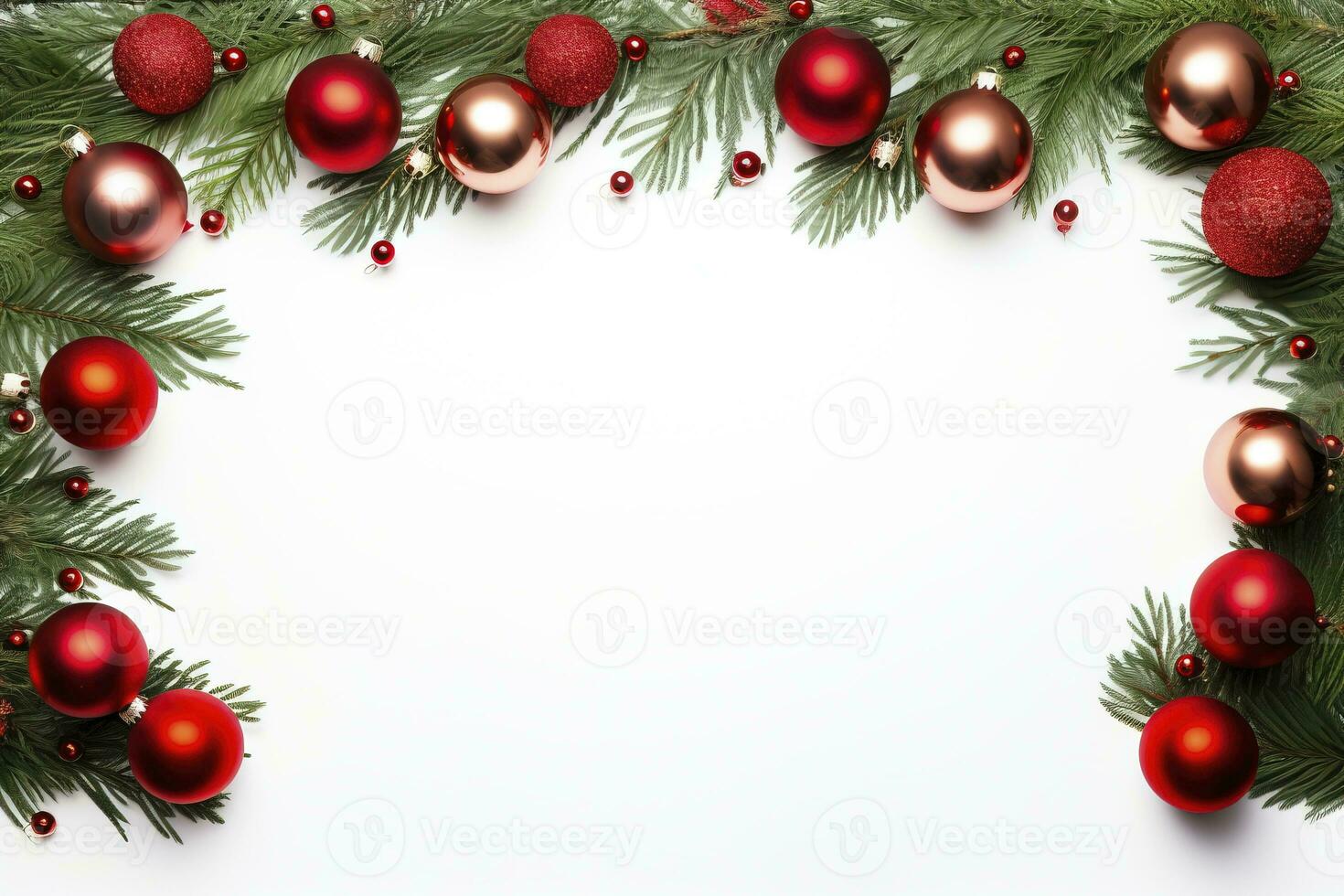 AI generated Fir tree branches with red christmas balls frame photo