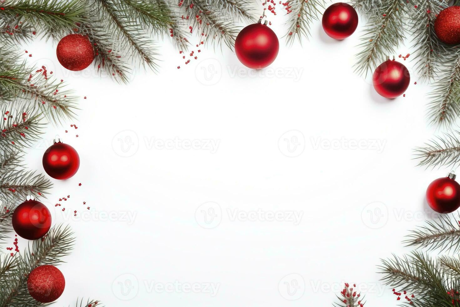 AI generated Fir tree branches with red christmas balls frame photo