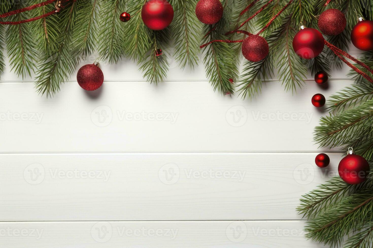 AI generated Fir tree branches with red christmas balls frame photo