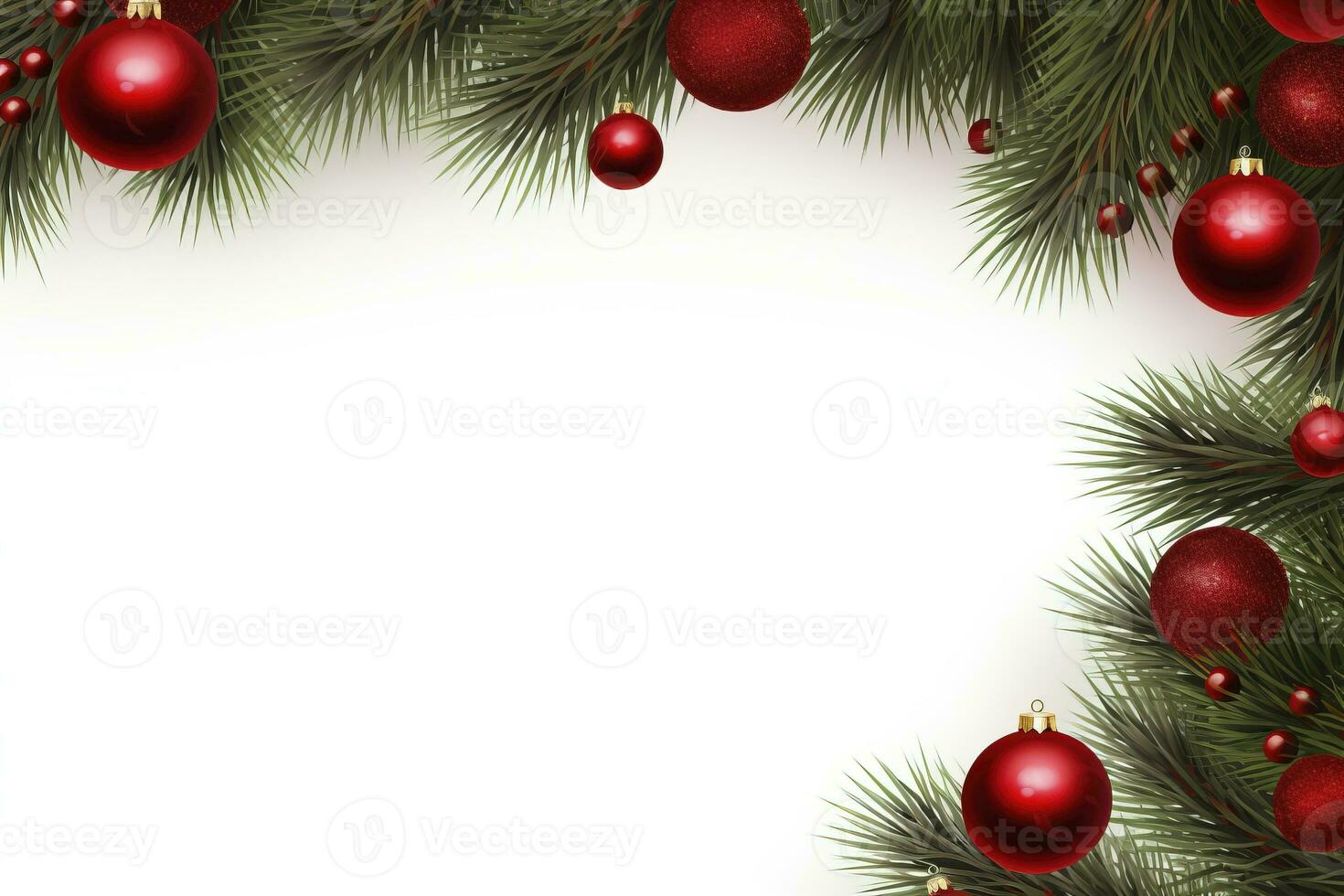 AI generated Fir tree branches with red christmas balls frame photo