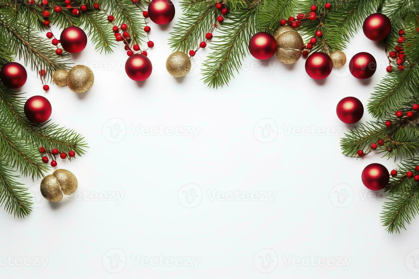 AI generated Fir tree branches with red christmas balls frame photo