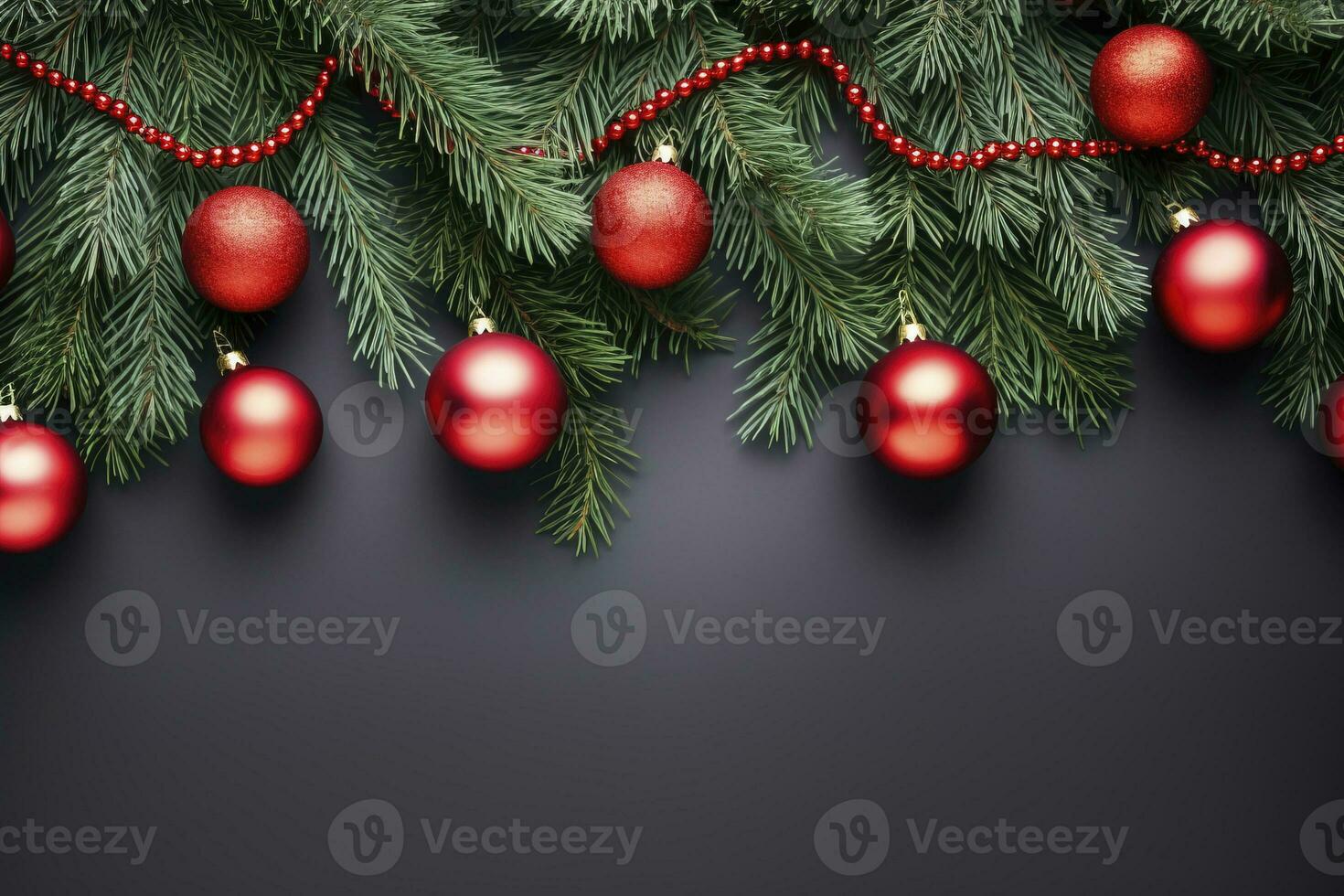 AI generated Fir tree branches with red christmas balls frame photo