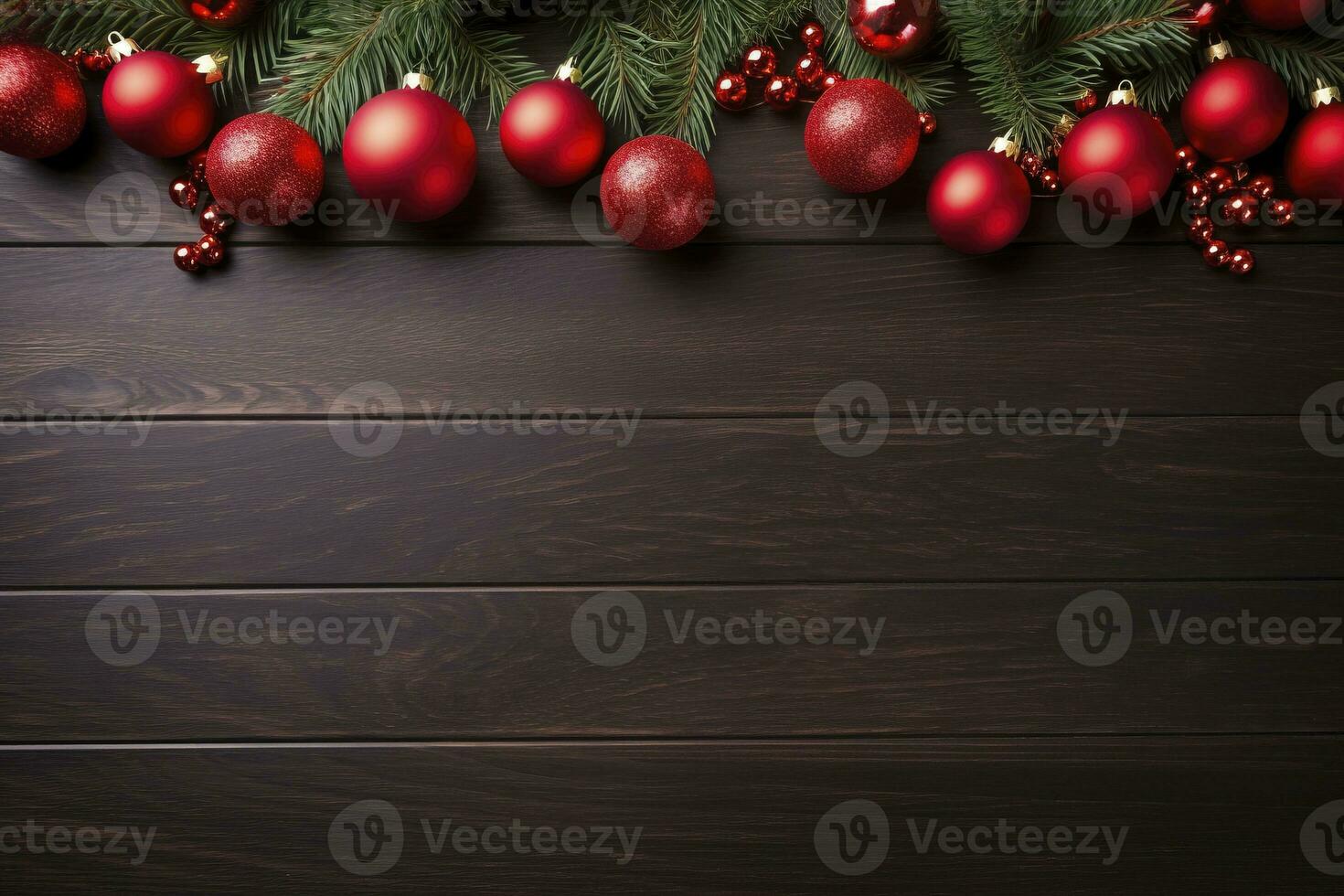 AI generated Fir tree branches with red christmas balls frame photo