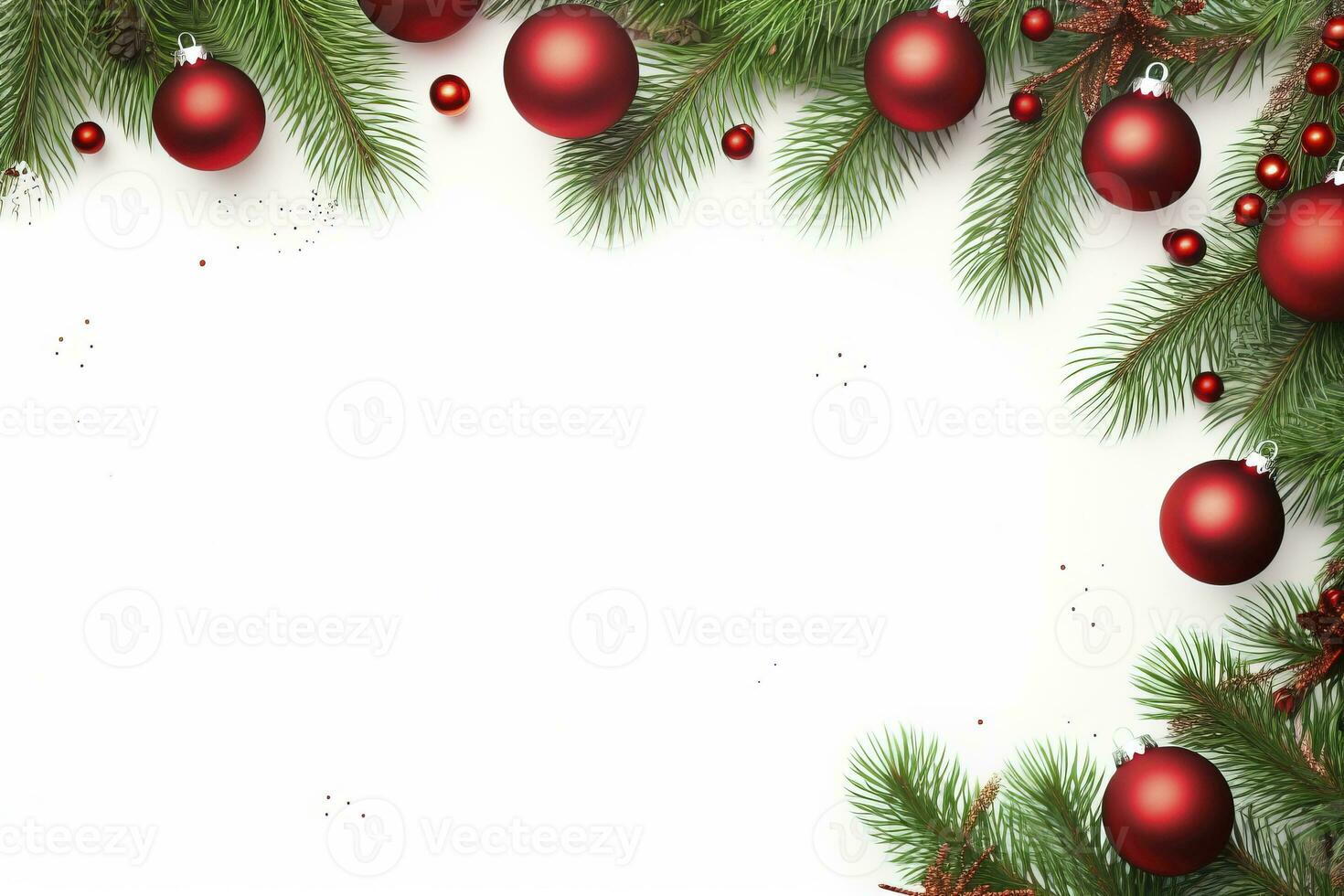 AI generated Fir tree branches with red christmas balls frame photo