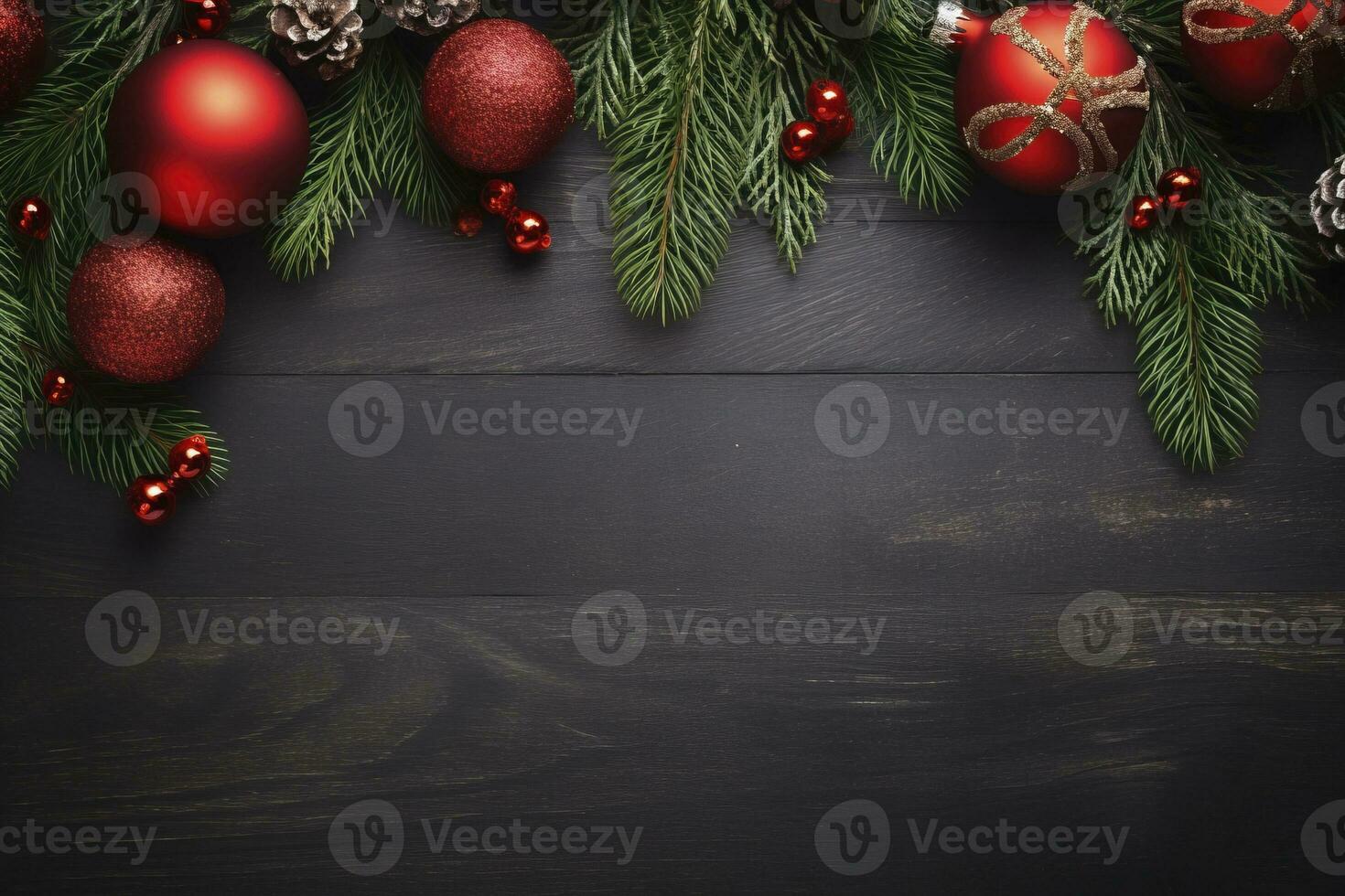 AI generated Fir tree branches with red christmas balls frame photo