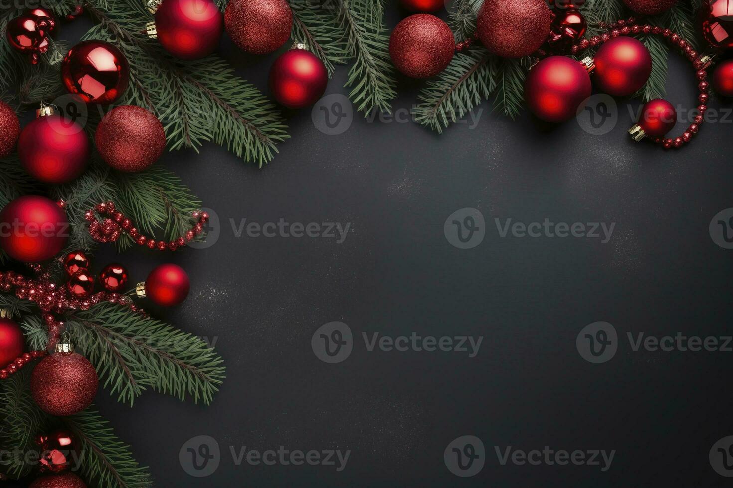 AI generated Fir tree branches with red christmas balls frame photo