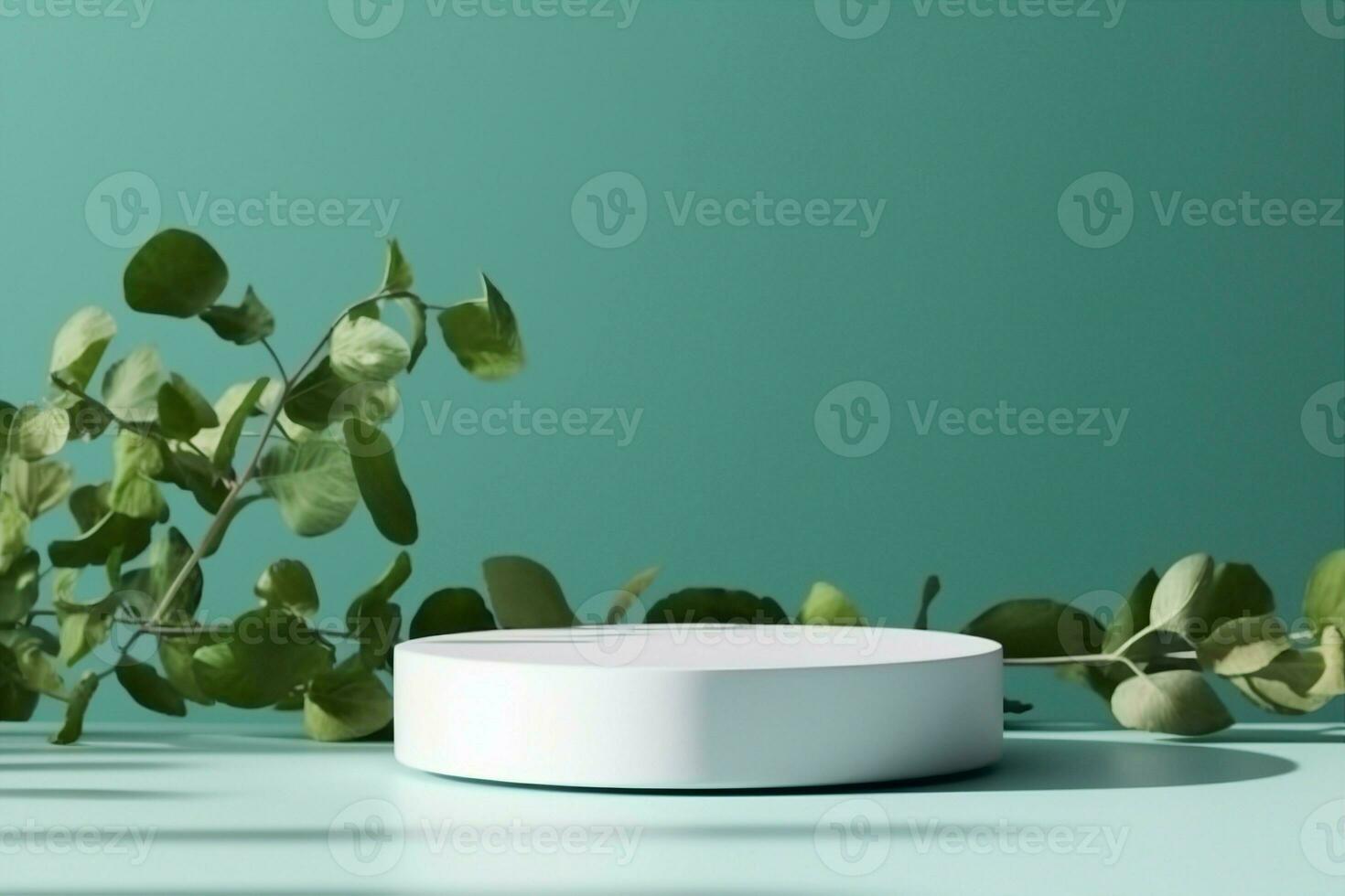 AI generated Abstract empty white podium with eucalyptus leaves and shadows on blue background. Mock up stand for product presentation. 3D Render. Minimal concept. Advertising template. generative ai. photo