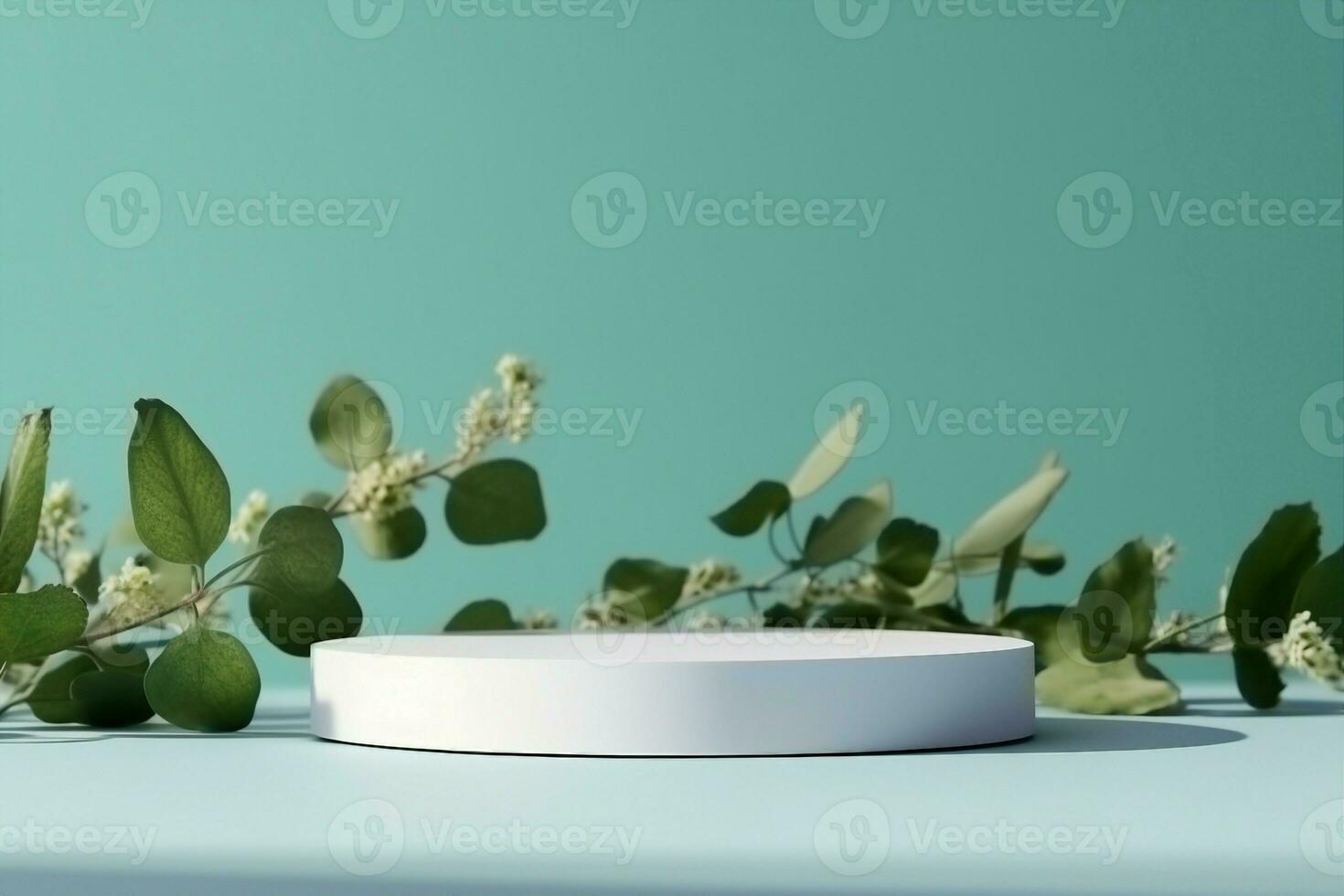 AI generated Abstract empty white podium with eucalyptus leaves and shadows on blue background. Mock up stand for product presentation. 3D Render. Minimal concept. Advertising template. generative ai. photo