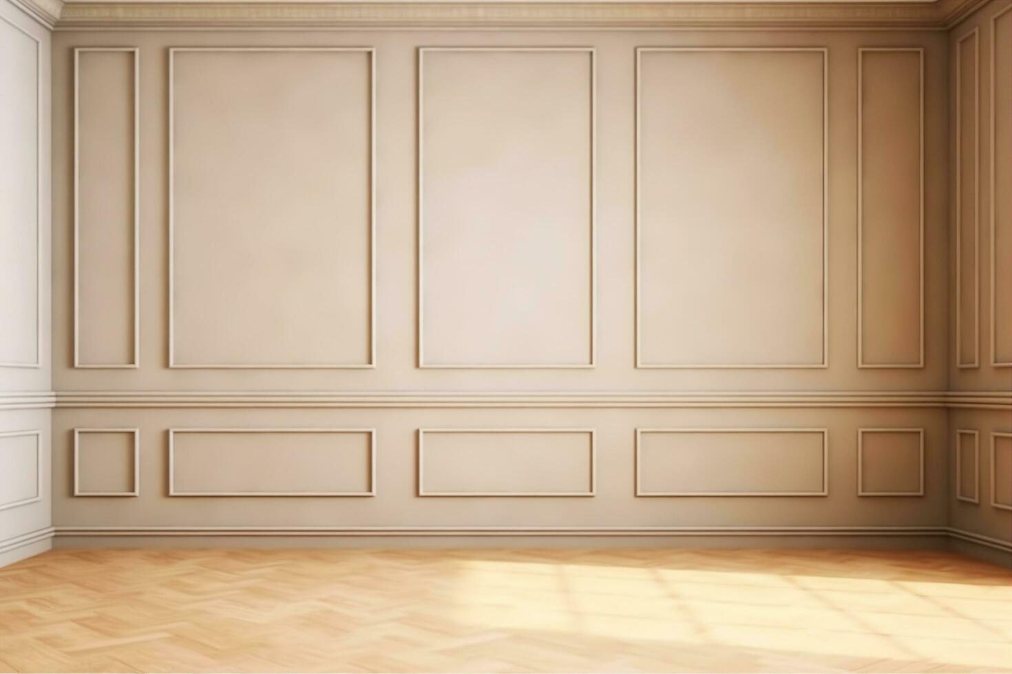 AI generated Beige elegant sunny emty room with moulding and oak parquet. generative ai. photo