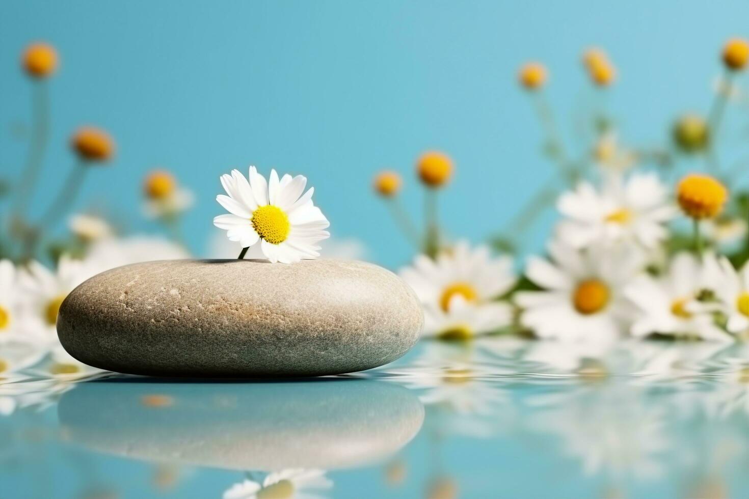 AI generated Pebble stone cosmetic podium with chamomile flowers on bright turquoise background. Cosmetic display product stand. generative ai. photo