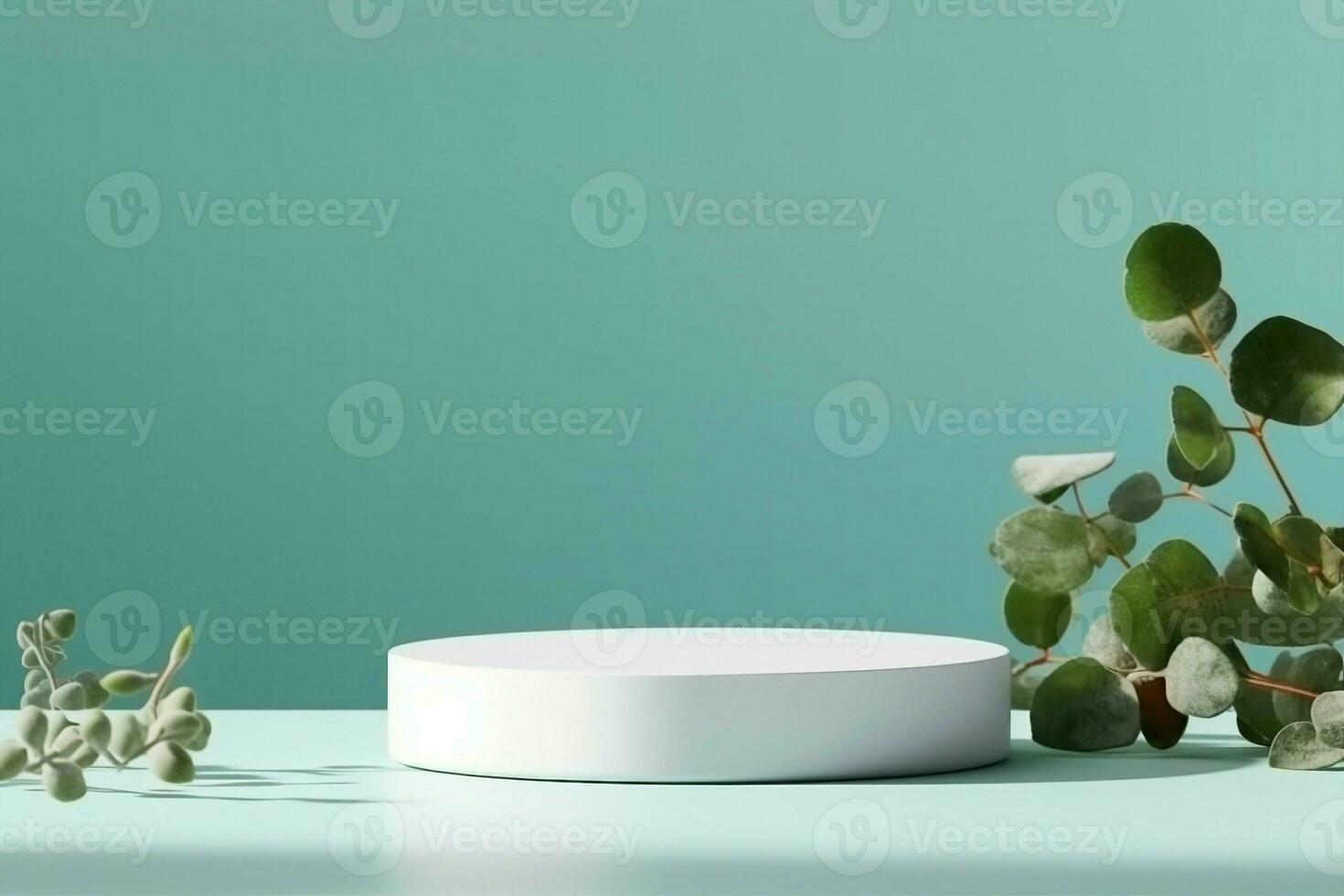 AI generated Abstract empty white podium with eucalyptus leaves and shadows on blue background. Mock up stand for product presentation. 3D Render. Minimal concept. Advertising template. generative ai. photo