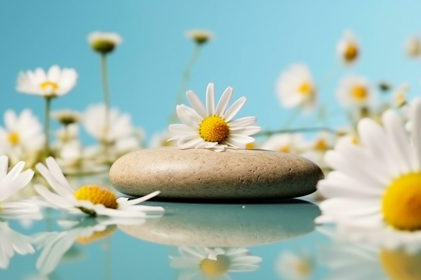 AI generated Pebble stone cosmetic podium with chamomile flowers on bright turquoise background. Cosmetic display product stand. generative ai. photo